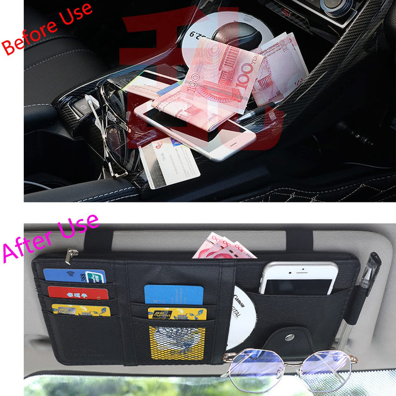2 Packs Car Sun Visor Pocket Organizer for Car Truck, Car Visor Storage Pouch with Big Zipper Pocket, Card Sleeve Pocket Organizer, Drving License, Insurance, Sunglasses, Pen, Key, Phone, Lipstick 2PCS, Black