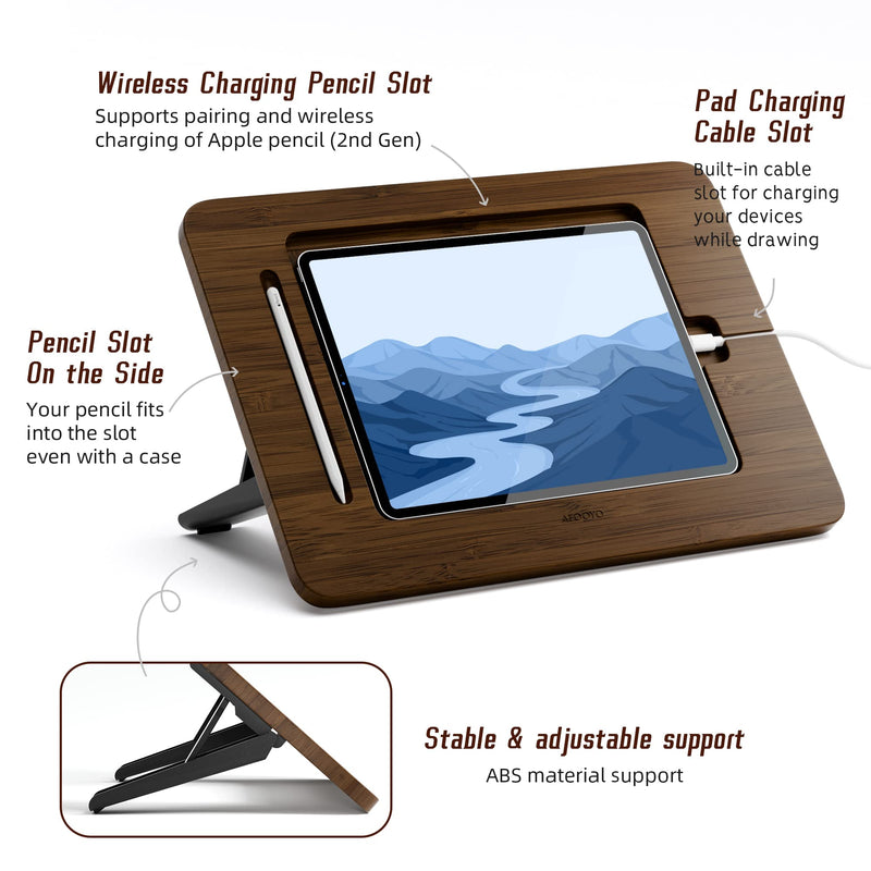 Bamboo Tablet Drawing Stand Tablet Holder - Portable & Adjustable 5 Angles,Laptop Stands Riser,Compatible with 12.9/13 inch iPad Pro-3rd-7th Gen(Walnut Varnish) Large-Fit iPad Pro 12.9/13 inches-With iPad case Walnut