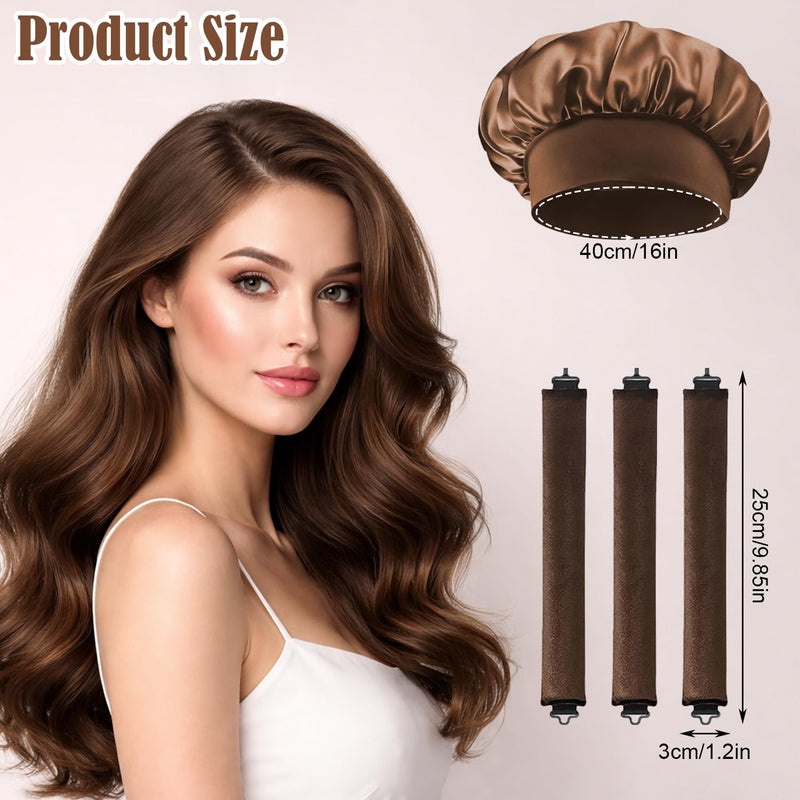 Heatless Curling Rods 3PCS, No Heat Hair Rollers with Satin Bonnet, Overnight Flexi Bars for All Hair Types(Brown) Brown