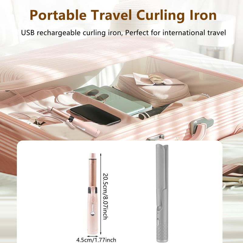  [AUSTRALIA] - Pink Cordless Curling Wand 19mm Ceramic Mini Hair Curler for Travel | polycarbonate exterior fast heat up rechargeable power dual thermal modes female daily styling compact handbag size items