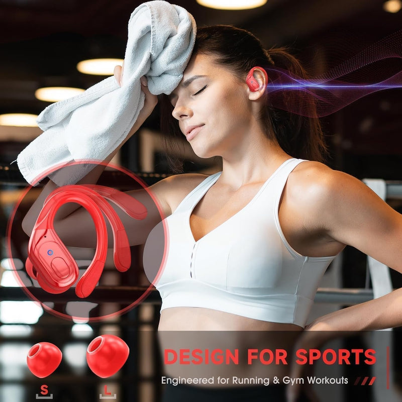 sajawass Wireless Earbuds Headphones Bluetooth 5.4, Noise Canceling Ear Buds with 75hr Playtime, IPX7 Waterproof Earphones Over-Ear Earphones for Sports/Workouts, LED Power Display - Red