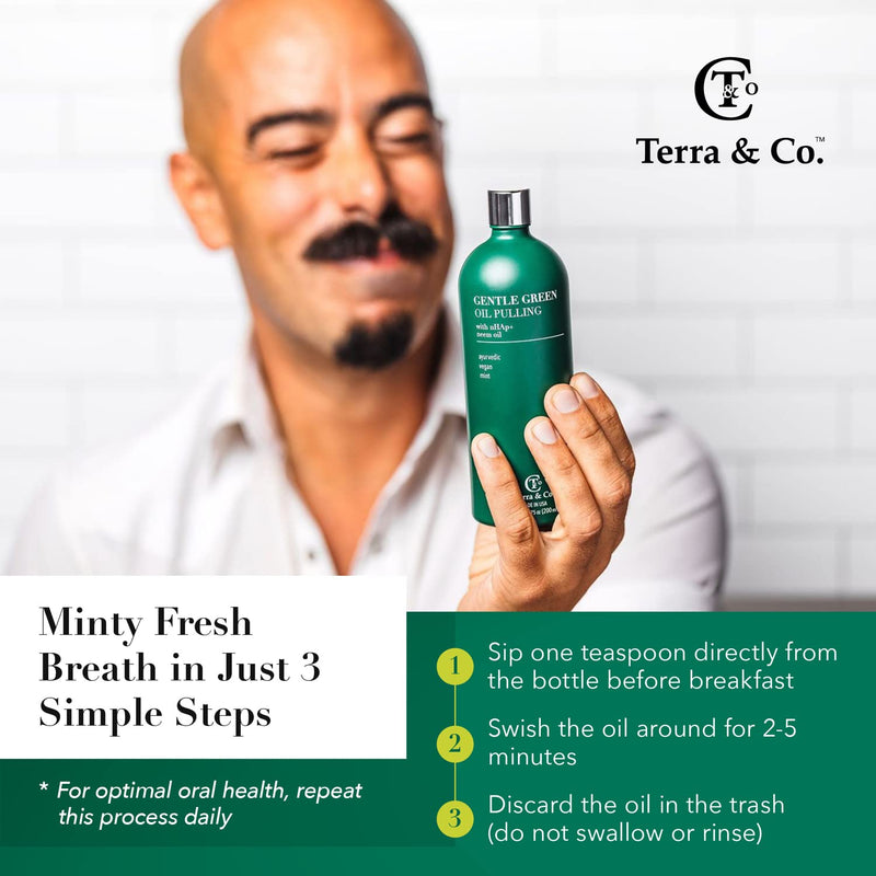 Terra & Co. Nano Hydroxyapatite Gentle Green Oil Pulling - Vegan Natural Mouthwash for Teeth and Gum Health – Alcohol-Free and Fluoride-Free - Made with Cold Pressed Plant Oils | 6.75 oz 6.75 Fl Oz (Pack of 1)