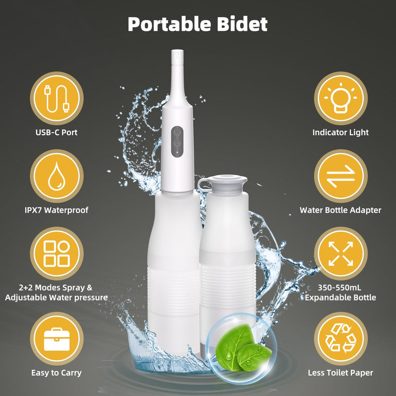 Hibbent 2 Pack Portable Bidet for Travel, High Pressure Electric Handheld Bidet Sprayer, 350-550ML Expandable Bottle for Personal Hygiene, USB-C Rechargeable Waterproof Sprayer for Women & Men, White Pure White