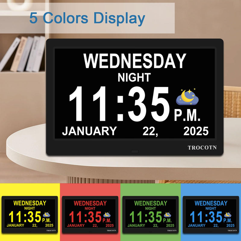 TROCOTN Dementia Clocks, Large Display Calendar Alarm Clock with Auto DST for Seniors, 5 Display Modes Large Font Digital Clock with Custom Alarms Day Date Clocks. (10 Inch Black) 10 inch