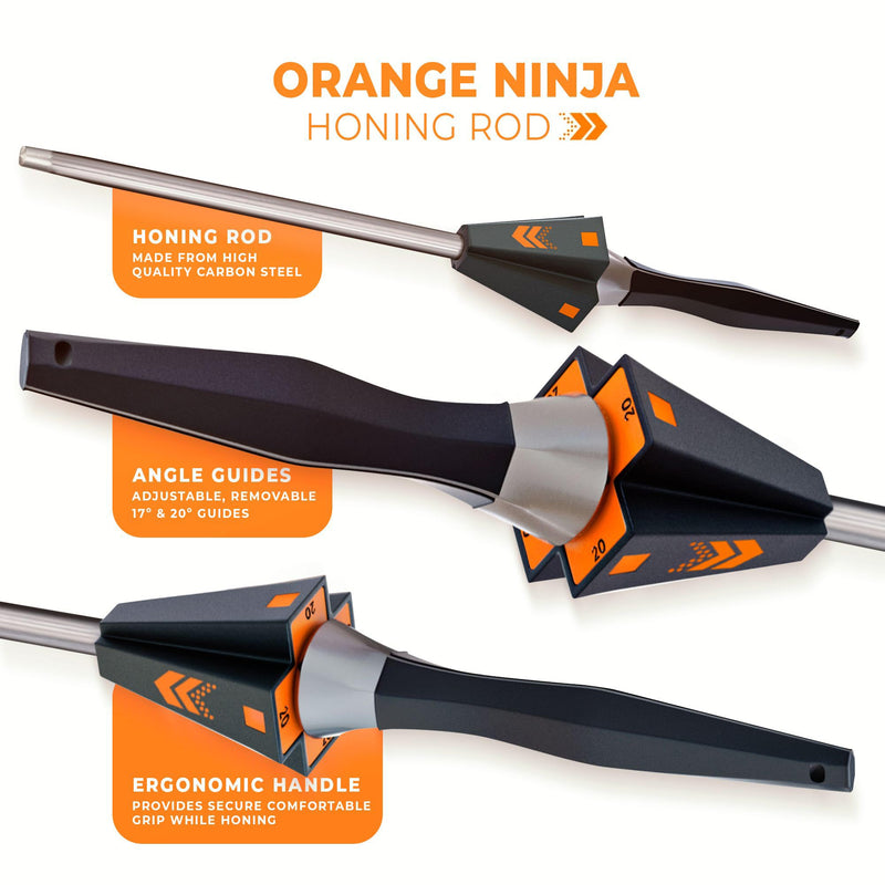 Orange Ninja Knife Honing Rod 10-inch with Adjustable Angle Guides 17° & 20°- Premium Quality Sharpening Steel Sharpener to keep Kitchen Knives Sharp