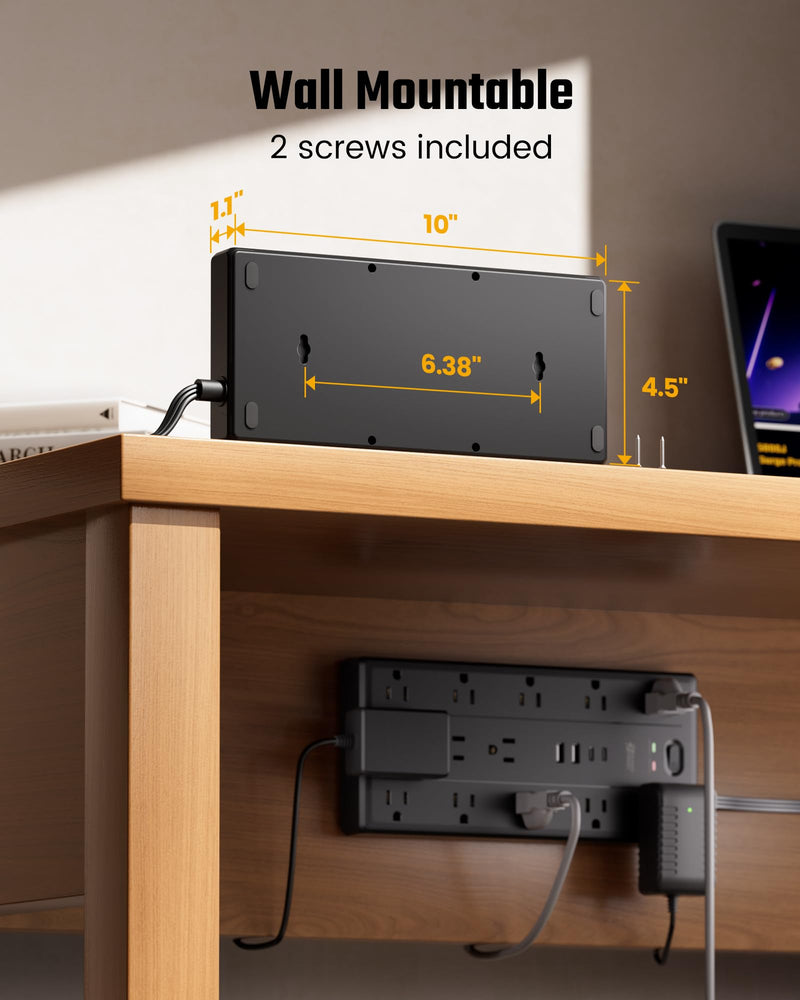 SUPERDANNY 10Ft Extension Cord with Multiple Outlets, Flat Plug Power Strip | 2100J, 13AC 2 USB C 2 USB A Charging Ports, Surge Protector, Desk Charging Station, Home Office, College Dorm Room Essentials Black 10 FT