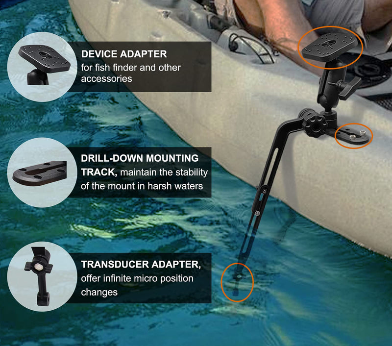 Kayak Fish Finder Mount with Transducer Mounting Arm, 1.5" Ball Marine Electronic Mount for Boat Track, Universal Mounting Plate, Compatible with Scotty, Lowrance, Garmin Fish Finders