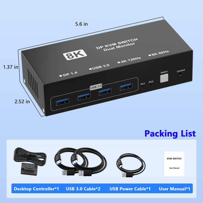 8K@60Hz Displayport KVM Switch 2 Monitors 2 Computers, 4K@120Hz USB3.0 KVM Switch Display Port for 2 Computers Share Dual Monitors and 4 USB Devices, Computer Switch Monitor Switch for 2 Computers