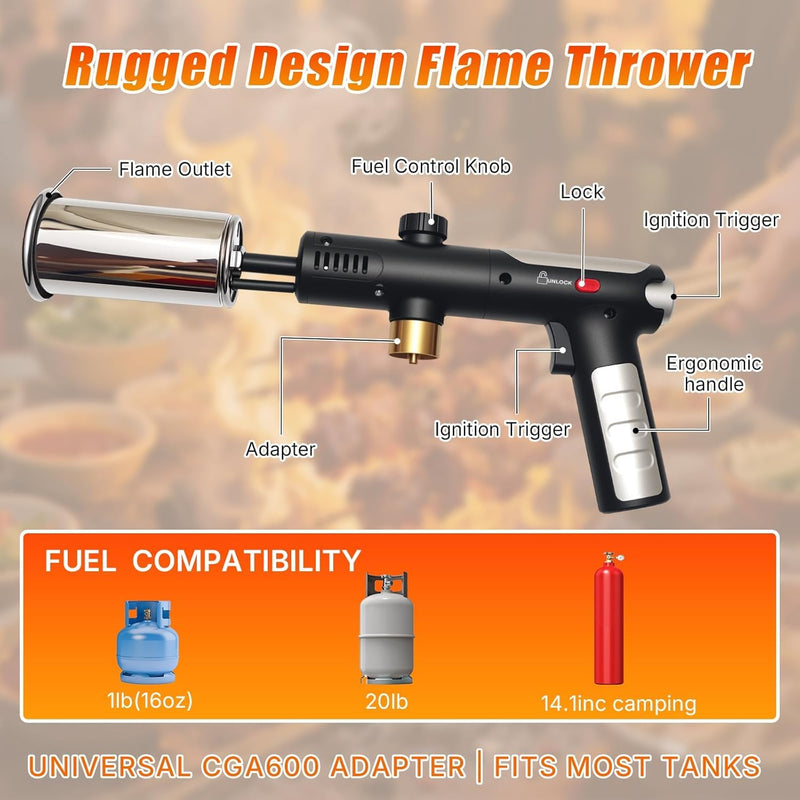Powerful Propane Torch Gun, One-Touch Max Fire, Charcoal Torch Lighter with Adjustable Flame&Safety Lock, Kitchen Blow Torch for Cooking, BBQ, Searing Steak, Grill (Tank Not Included)