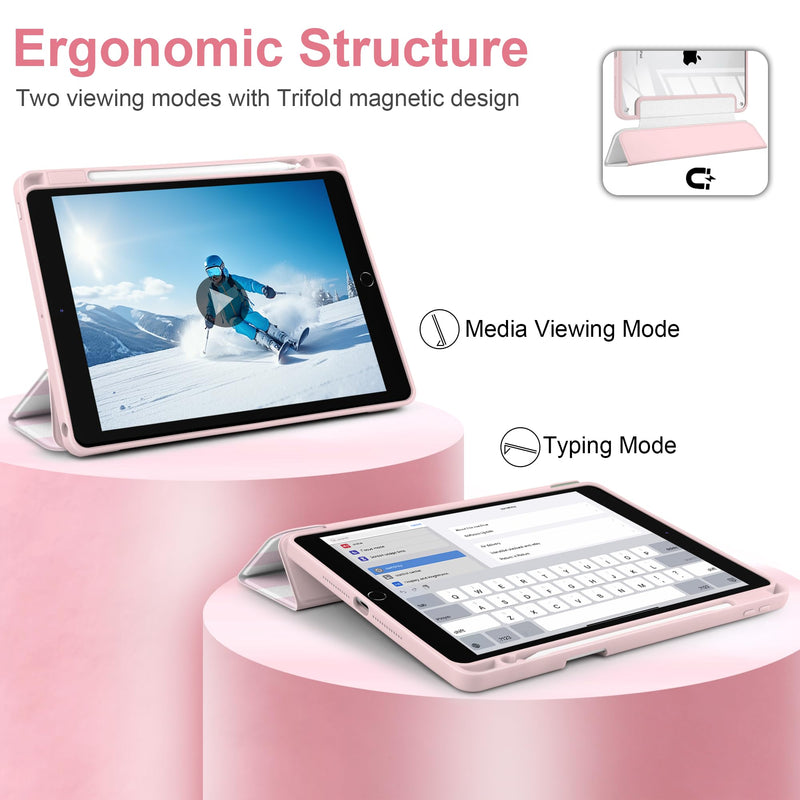 Case for iPad 9th / 8th / 7th Generation 10.2 inch, Pink Stripe | Cute Preppy Coastal Design Aesthetic Pink White Striped Trifold Cover with Soft TPU Bumper, Clear Back, Auto Sleep/Wake Pink white stripes