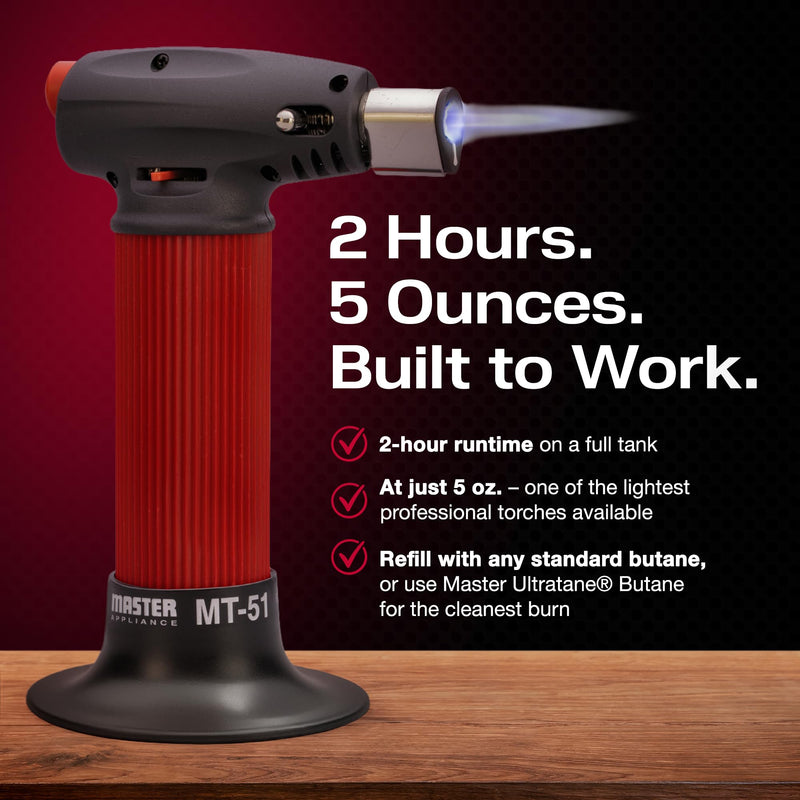 Master Appliance MT-51 Professional Butane Torch Lighter, Hand Held Torch Lighter, Adjustable Flame Mini Blow Torch, Refillable with Butane Fuel for Soldering, Electrical Connectors, Kitchen, Cooking Plastic Tank