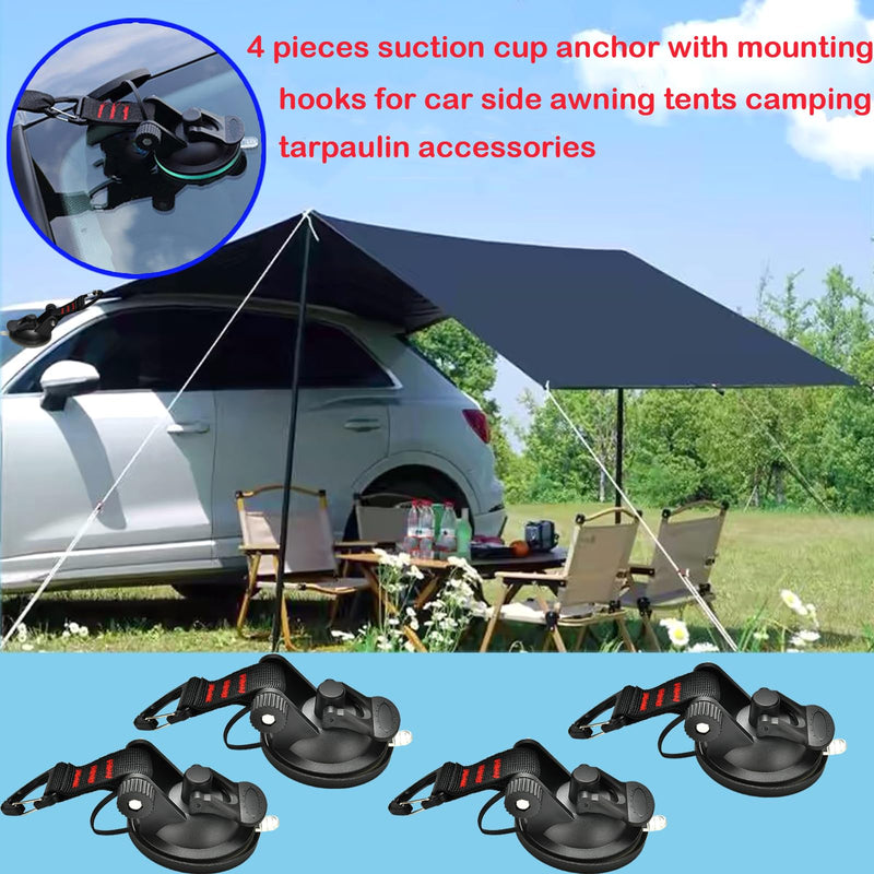 4PCS Heavy Duty Suction Cups Anchor with Hooks, Outdoor Strong Suction Camper Accessories for Camping Tarp Accessory Car Side Awning Trap Tie Down.
