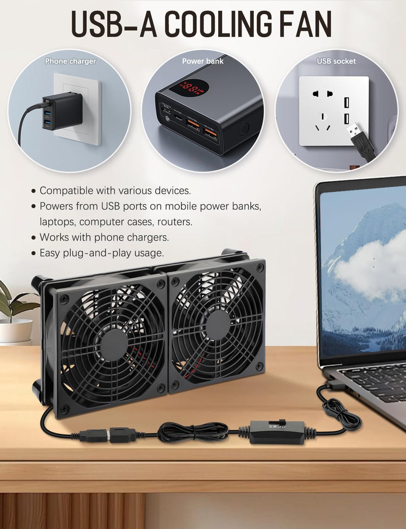 120mm x 2 USB Cooling Fan 5V DC Fan with Speed Control | 240mm Powered Router Fan Cooling for DVR Computer Receiver Xbox TV Box PlayStation Cabinet Modem 240mm USB 5v