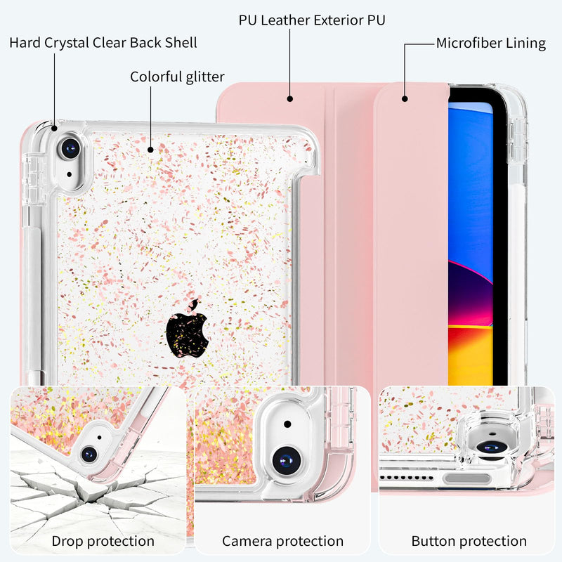 KenKe Case for iPad (A16) 11 Inch 2025/10th Gen 10.9 Inch 2022, Pink | with Pencil Holder, Hard PC Back Sand Cover, Flowing Glitter Cute Star on Transparent Back, Ultra-thin, Shockproof, Light