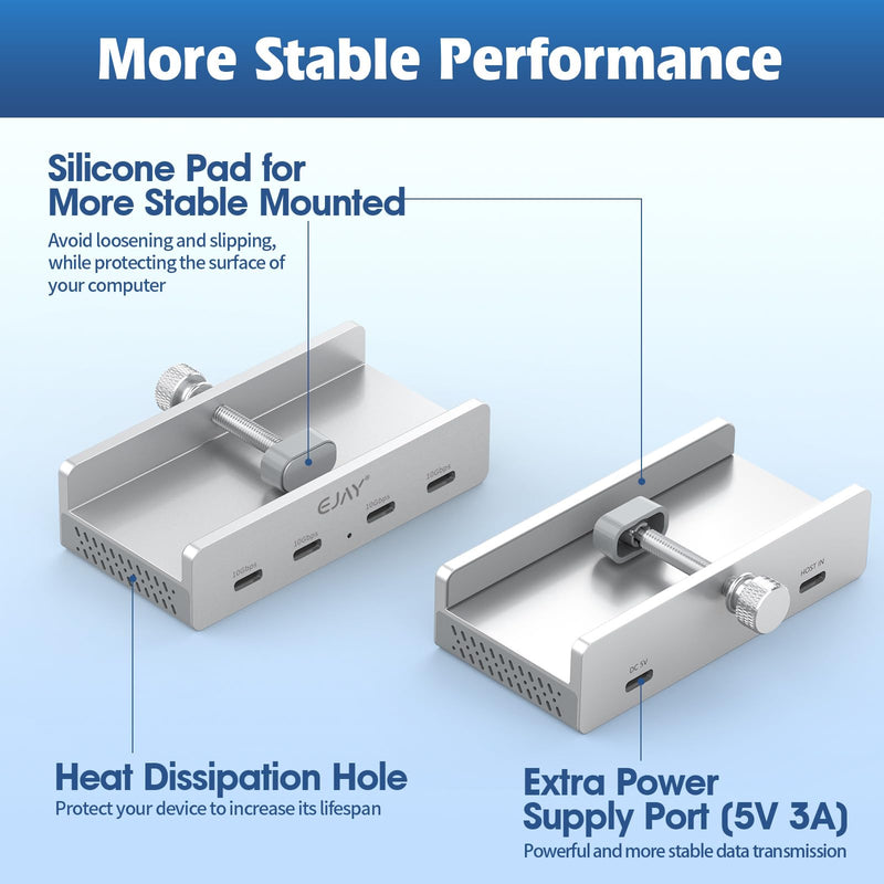 EJAY 10Gbps USB C Hub 4Ports Aluminum USB 3.2 Docking Hub Clamp Design for Desk/Computor with Extra Power Supply Port and 47inches Long Data Cable&39inches Power Cable (BJ-4C-SV) with 4 USB C Silver