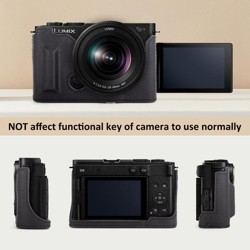 MUZIRI KINOKOO Half Case Compatible for Panasonic Lumix DC-S9 Camera, Genuine Leather Protective Cover for Lumix S9 Mirrorless Camera - with Opening Bottom and Hand Grip Design - Black
