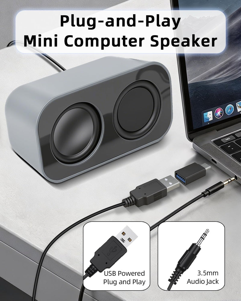 GELRHONR Computer Speakers for Desktop PC, 2×3W Small Stereo Speakers,USB Powered with 3.5mm Aux and Volume Control,Plug and Play for Laptop,Tablet 1.2M,Grey