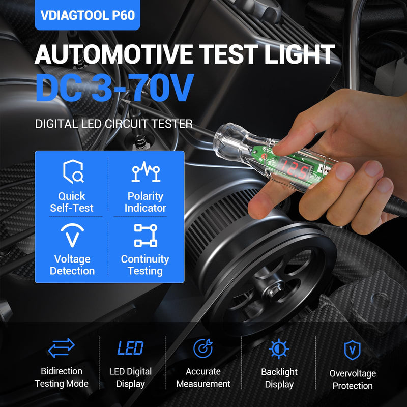 Automotive Test Light VDIAGTOOL P60 3-70V LED Digital Voltage Display, Circuit Tester with Voltmeter & Dual Polarity Indicator Light, Tester Electric, Bidirectional Voltage Tester w/Stainless Probe