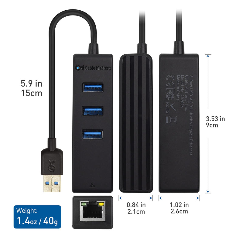 Cable Matters 4-in-1 USB Hub with Ethernet, Support Gigabit Network (USB 3.0 Hub Ethernet) with 10/100/1000Mbps Network, 3X 5Gbps USBA Ports in Black