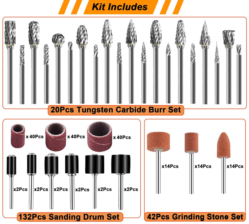 Tungsten Carbide Burr Set 1/8" Shank，Die Grinder Bits with Sanding Drums and Grinding Stone Set, 194Pcs Pratical Sanding Bits Kit Compatible with Dremel Rotary Tool 194 Pcs