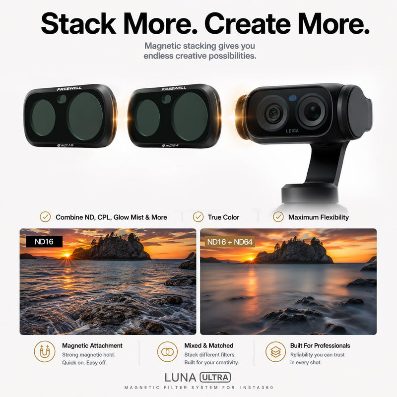 Freewell Standard Day ND Filter Kit for Insta360 Luna Ultra | Includes ND8, ND16, ND32, and ND64 filters for cinematic shutter control in daylight. Standard Day Kit