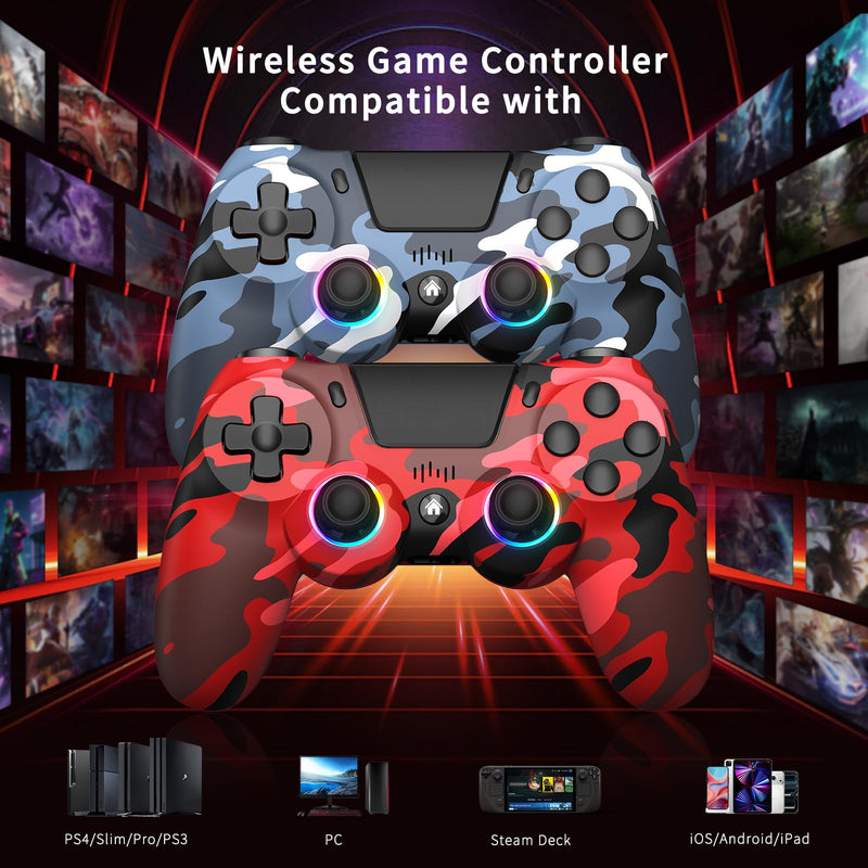 2 Pack Wireless Controller for PS4, Game Remote Controller Compatible with PS4/Slim/Pro/PC, Programmable, RGB Light, 1000mAh Battery, Dual Vibration, 6-Axis Gyro, Share, Touch Pad,Speaker&Audio Jack Camo Red&Blue