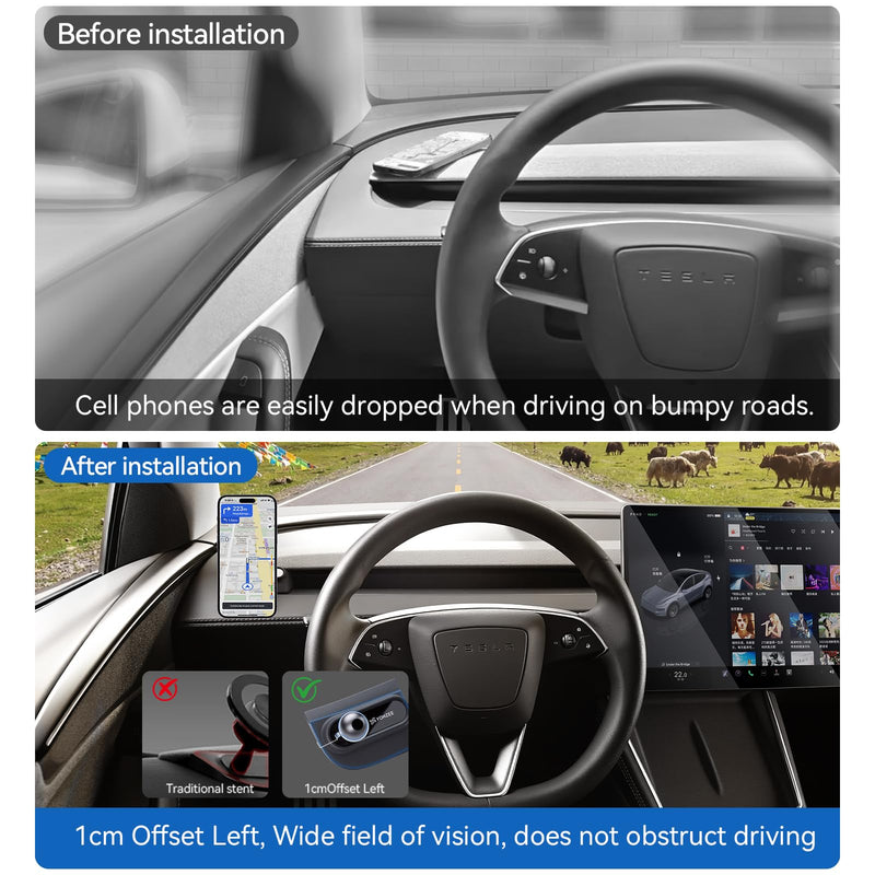 YONZEE Tesla Magnetic Phone Mount for Model Y Juniper 2025-2026 and Model 3 Highland 2024-2026, Dashboard Phone Holder with Strong Magnetic Grip, Interior Accessories for iPhone and Smartphones