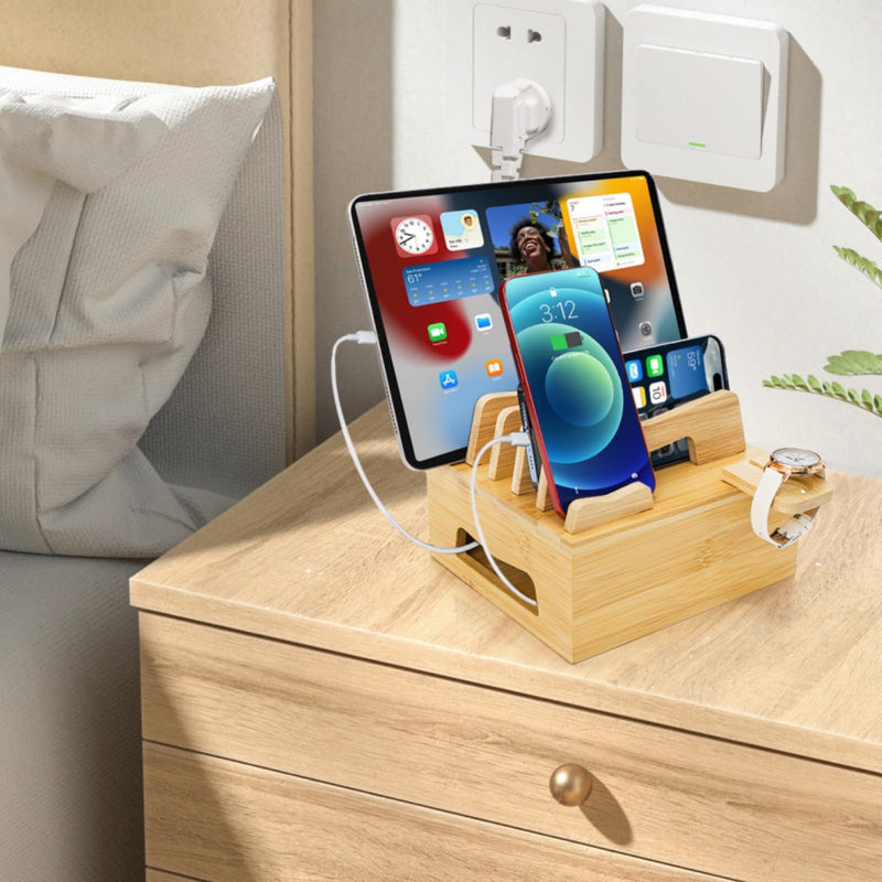 Bamboo Charging Station for Multi Devices, Small Desktop Docking Stand, Cell Phone Docking Station Charger Organizer for Tablets, Smart Watch (No USB Charger No Charging Cables)