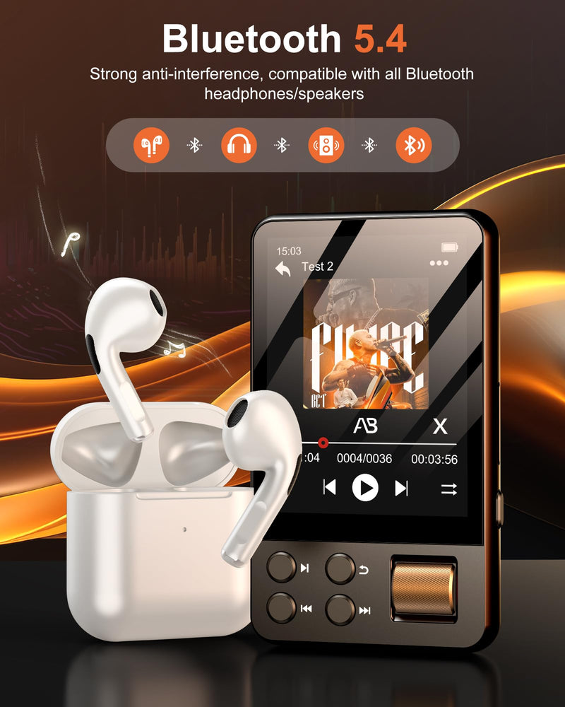 128GB MP3 Player with Bluetooth 5.4, AGXOV Music Player with Built-in HD Speaker, FM Radio, Voice Recorder, HiFi Sound, E-Book, Earphones Included 2.4‘’128GB