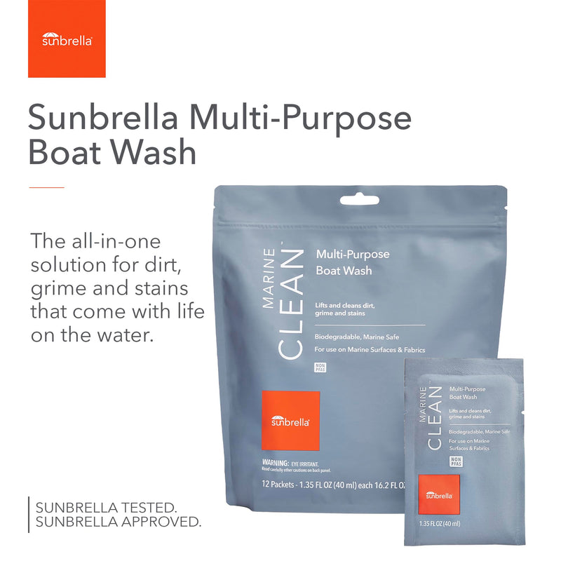 Sunbrella Marine Clean Multi-Purpose Boat Wash | Powerful Concentrated Formula | Clean Your Entire Boat | Removes Dirt, Grime | Safe for Fiberglass, Vinyl, Metal & More | 12 Individual Packets