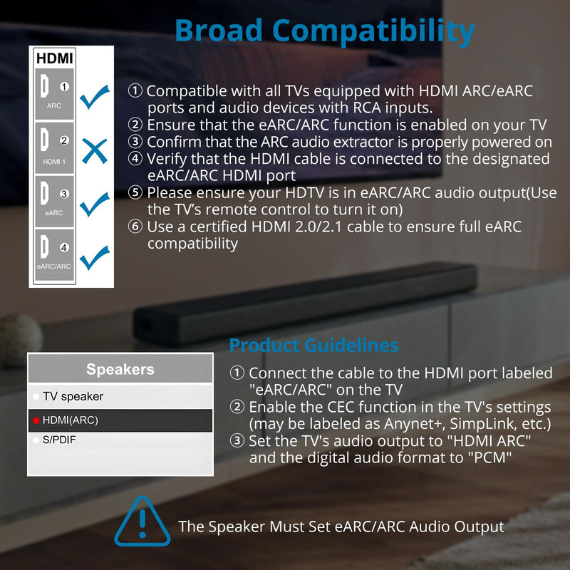 AUTOUTLET HDMI eARC/ARC to RCA Audio Adapter, 192kHz 1.5M/5FT ARC to RCA Cable, Supports CEC, Integrated Desgin, Plug and Play, eARC Audio Extractor for Speakers, Soundbars, Stereo System(PCM Only)