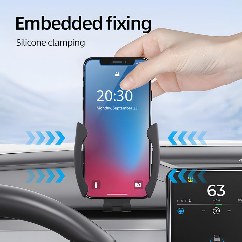 15.4inch Premium Tesla Phone Mount & Holder for Model Y Juniper (2025-2026) & Model 3 Highland (2024+),Snap-On Screen Clip with Scratch-Free Felt Base, Solid Alloy Arm Model Y(Juniper 2025+)