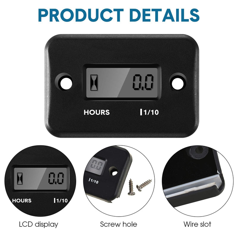 4 Pieces Hour Meters for Small Engines Inductive Digital Engine Meter Automatically Shutdown Tachometers Small Hour Tachometers for Motorcycle Lawn Mower Generator Chainsaws (Black) Black