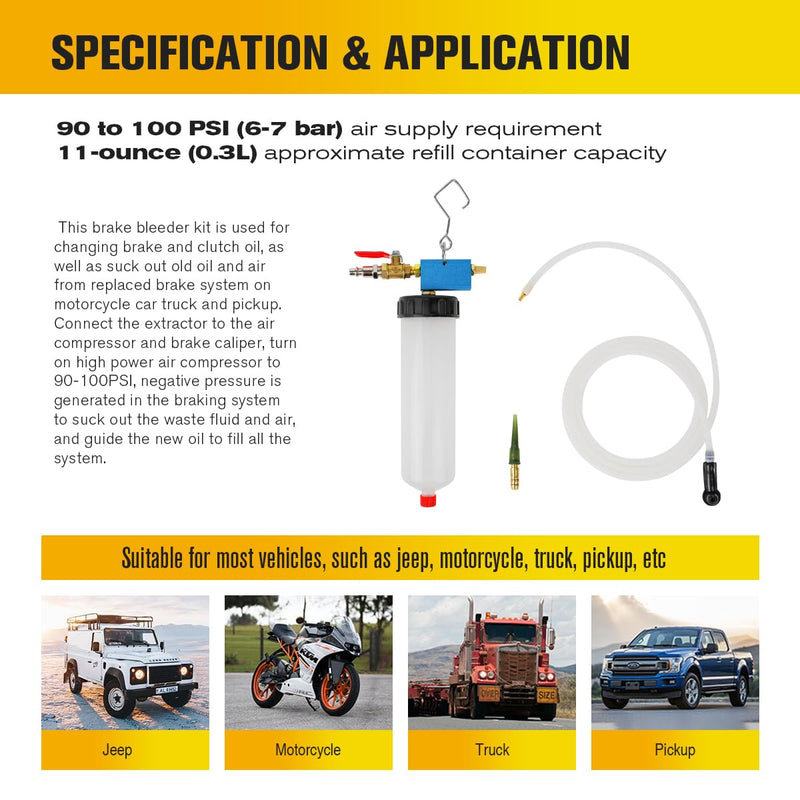 Auto Brake Fluid Extractor, Brake and Clutch Fluid Drained Bleeder Tool, Brake and Clutch Fluid Drained Bleeder Tool Equipment Kit for Car Motorcycle, Capacity 300ML+71 '' Hose 300CC Pneumatic