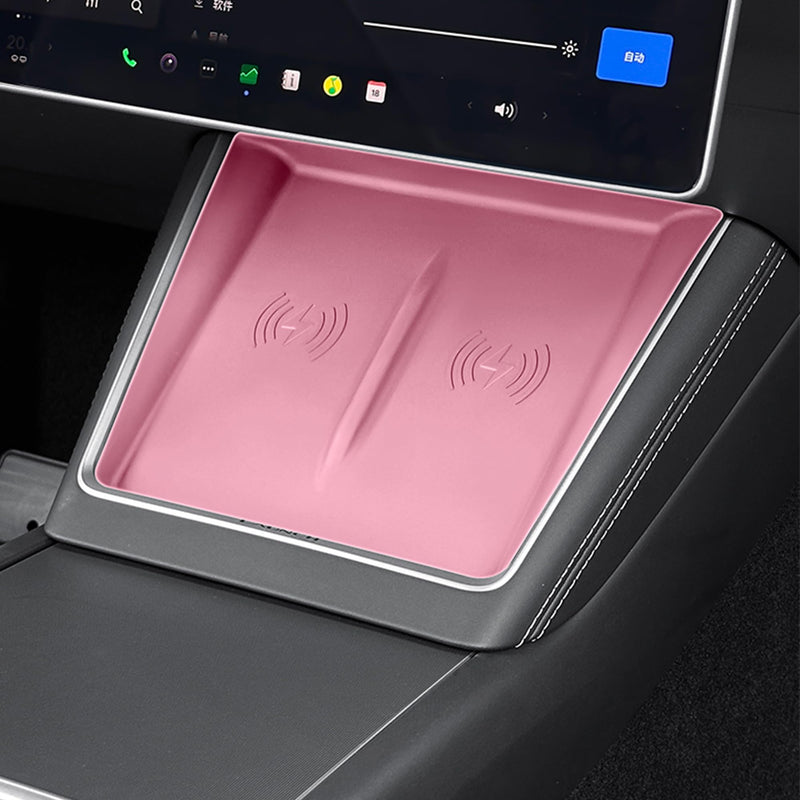3PCS Center Console Accessories for Tesla New Model Y Juniper 2025 Model 3 Highland 2024 Cup Holder Insert, Screen Edge Protector Frame, Wireless Charger Mat Silicone, Pink New Model 3/Y