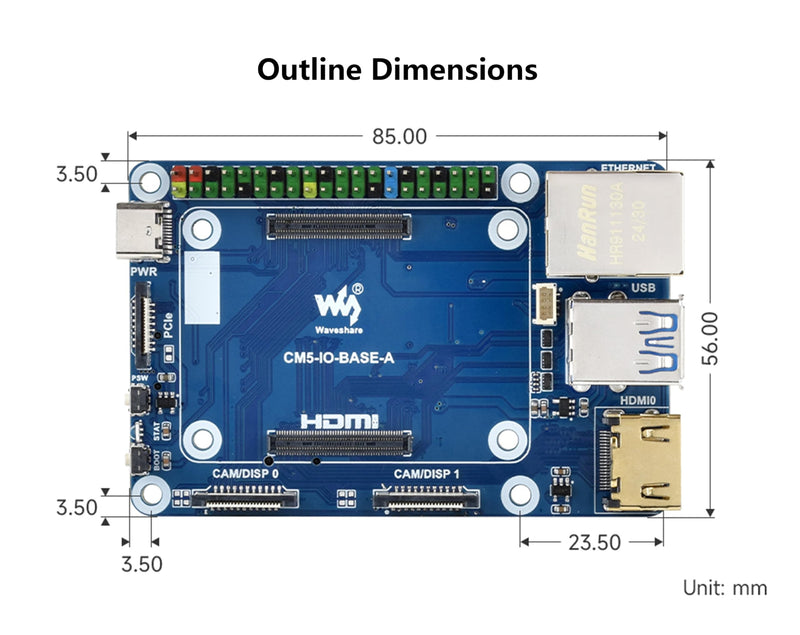 Mini Base Board Compatible with Raspberry Pi Compute Module 5, Compact Design with Multiple Connectors-2x USB3.2 Gen1, 2xUSB2.0, Color-Coded 40PIN GPIO Header,HDMI,MIPI, PCIe Interfaces,etc.