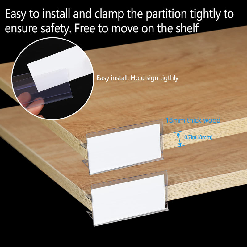 36pcs Wood Shelf Label Holder Plastic Price Tag Holder Supermarket Retail Sign PVC Clear Shelf Label Holder (Includes 50 Pieces Label Inserts) Perfect Fits 18 mm Wooden Shelving. 18mm thickness shelf (Suitable 16-18mm)