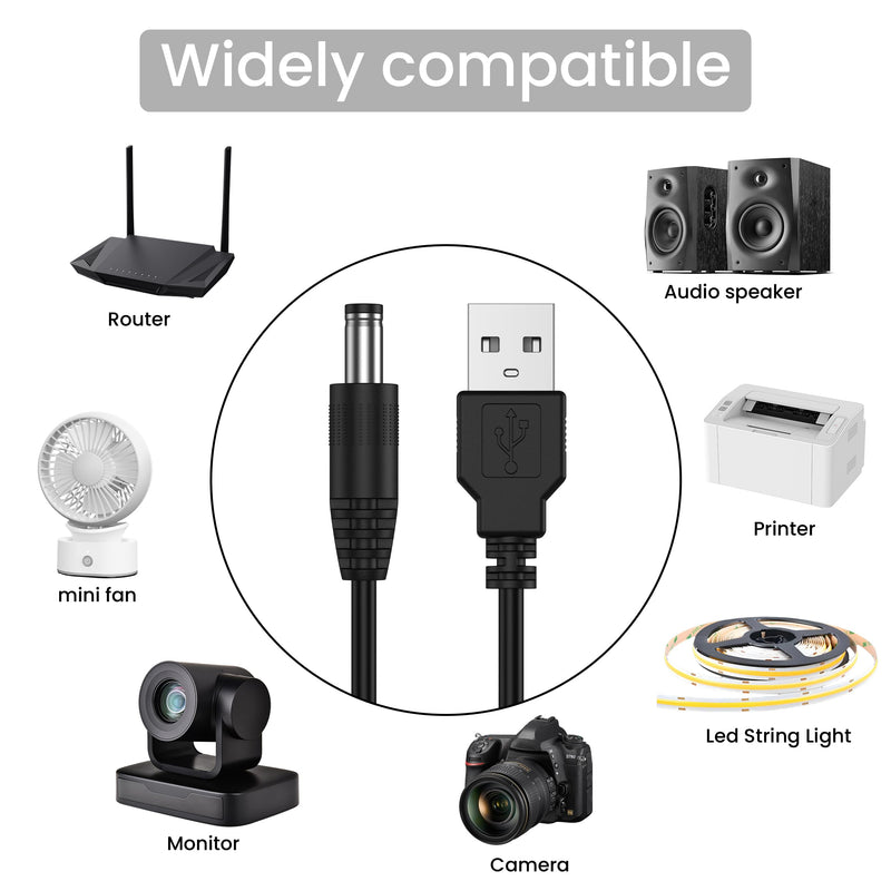 3 Pack USB to DC 5V Power Cord, USB 2.0 A Male to DC 5.5mm x 2.1mm Power Plug Connector Charger Barrel Jack Power Cable