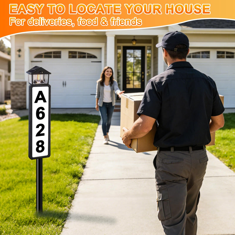 Solar Address Sign, Lighted House Numbers for Outside with Dual Solar Panels, 3 Color LED Illuminated Address Plaque Outdoor with Stake, Waterproof Solar Powered Address Numbers for House Yard Street Black
