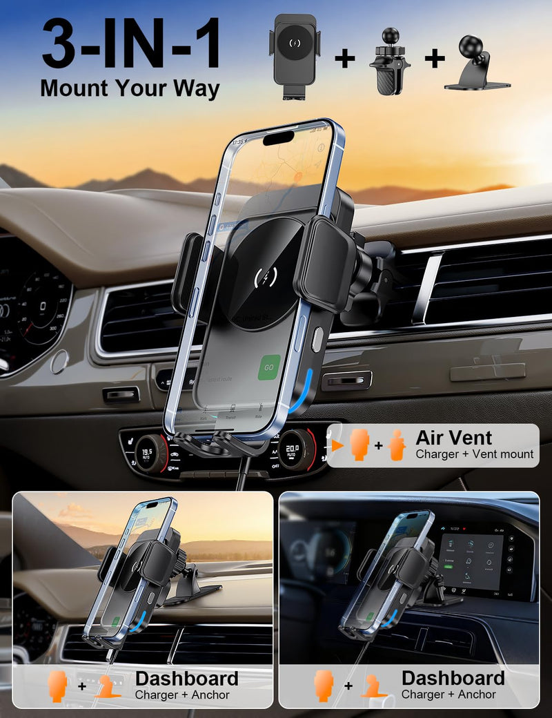 Wireless Car Charger, 15W Car Phone Holder Charger for iPhone 17 16 Series | Auto Clamping & Alignment, 360° Rotation Hand Free Phone Holders for Your Car Dashboard Windshield Air Vent Car Accessories Black