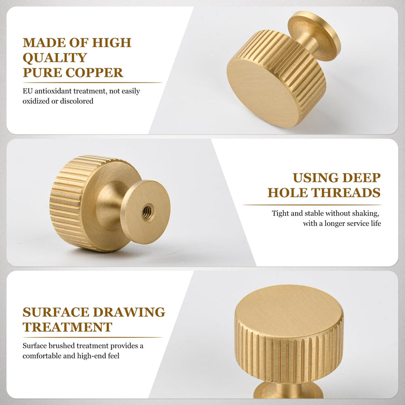 Urnew- Brushed Gold Cabinet Knobs 5 Pack Solid Brass Dresser Drawer Pulls Modern Cabinet Hardware for Cupboard Kitchen Bathroom Furniture Knobs Brush Gold