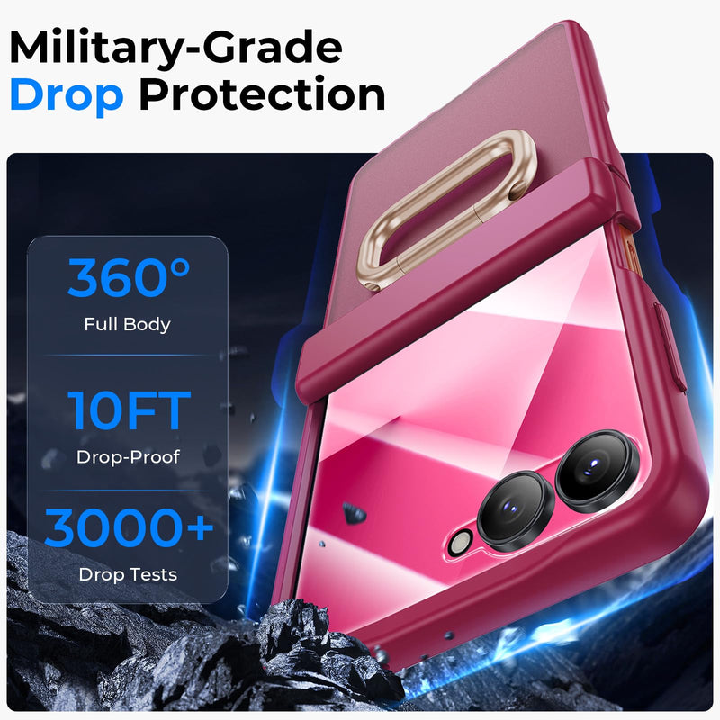 Kaiiecal for Samsung Galaxy Z Flip 7 Case with Ring [Anti-Yellowing][Built-in Screen Protector][Hinge Protection] Translucent Matte Shockproof Protective Slim Case for Galaxy Z Flip 7(Magenta) Magenta