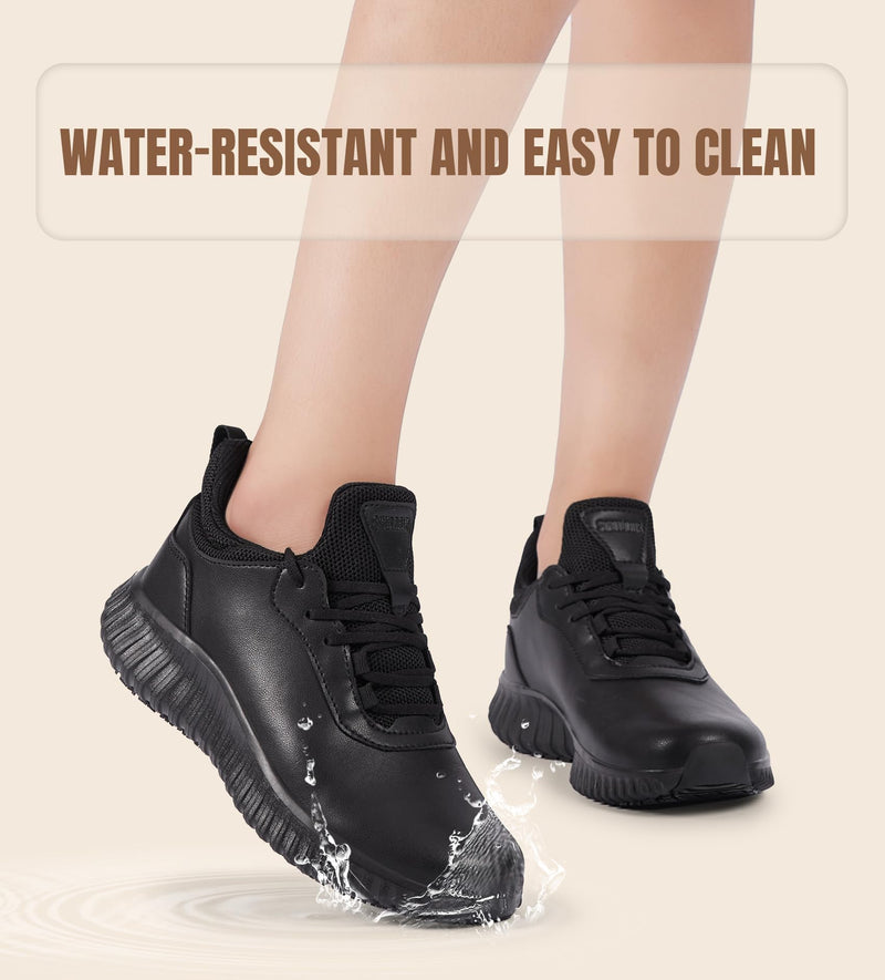 SHULOOK Non Slip Work Shoes for Women Food Service Water Resistant Sneakers Waterproof Kitchen Chef Restaurant Lace Up Walking Lightweight Comfortable Nursing Working Footwear 8 Black