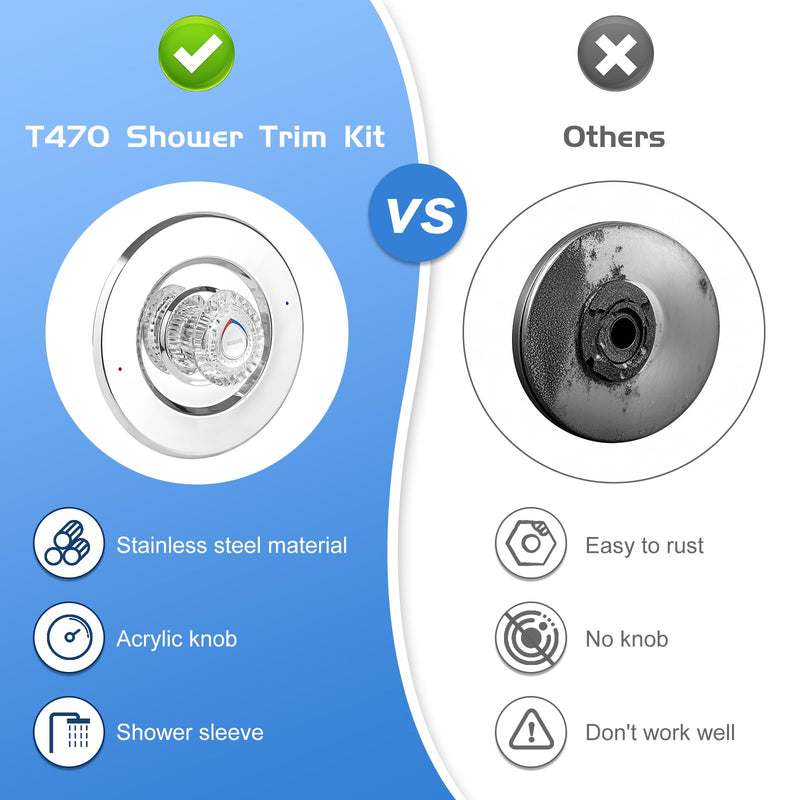 Shower Trim Kit, Compatible with Moen T470 Chateau Shower Trim Kit, With Replacement Cartridge and 104421 Removal Tool, Escutcheon, Shower handle, Tubes and Screws, Chorme Polished Chrome