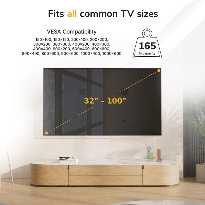 Mount-It! No Stud Studless TV Wall Mount for 32–100" TVs up to 165 lbs, No Drill Drywall Bracket, Universal VESA, Low Profile 0.94"