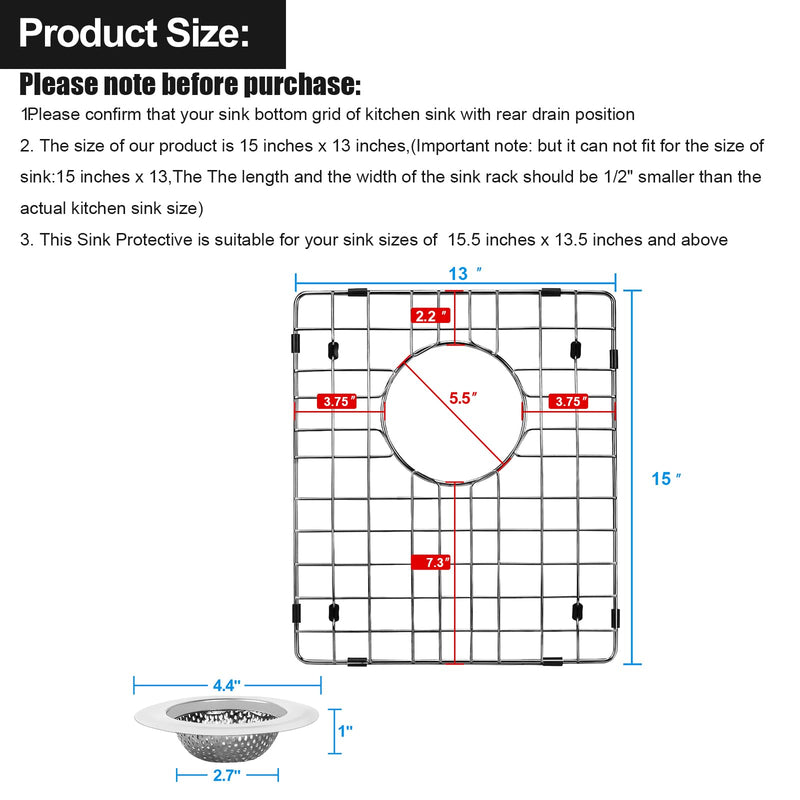2pcs ARLBA Upgraded 15"x13" 304 Stainless Steel Sink Protectors for Kitchen Sink 15.5"x13.5" Rear Drain,Metal Sink Grid & Sink Rack for Bottom of Sink, Sink Gate Scratch Protection w/Sink Strainers