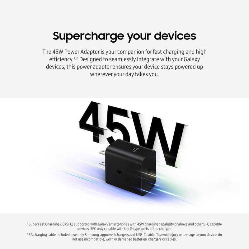 SAMSUNG 45W Wall Charger Power Adapter with Cable Included, Super Fast Charging for Galaxy Phones, Tablets and USB Type C Devices, Low Standby Power Consumption, EP-T4511XBEGUS, Black