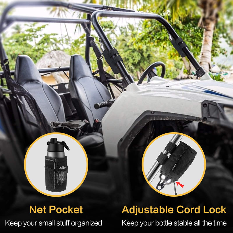GEARV 2Pack Cup Holder for Bike, Scooter and Wheelchair, Water Bottle Holder for UTV/ATV, Walker, Golf Cart and Beach, Universal Drink Holder Accessories with Net Pocket and Cord Lock (Black) Black