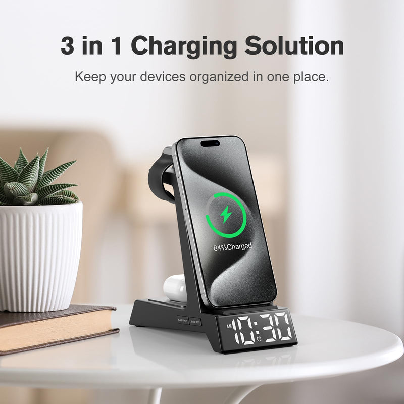 ANJANK 4 in 1 Wireless Charging Station Alarm Clock, Charging Dock for Apple Devices, Charger Stand for iPhone 17 Air 16 15 14 13 12 Series for Apple Watch 11 10 9 8 7 6 5 UItra/SE & AirPods, Dimmable Black
