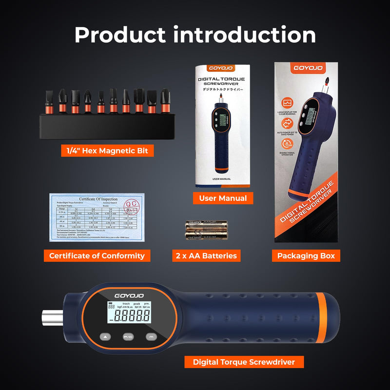 GOYOJO Digital Torque Screwdriver 1.77-17.7 in.lb / 0.2-2 Nm, 1/4 Adjustable Inch Pound Torque Wrench Screwdriver Set with Strong Magnetic Bits,999 Data, for Gunsmithing, Electronics and Mounting